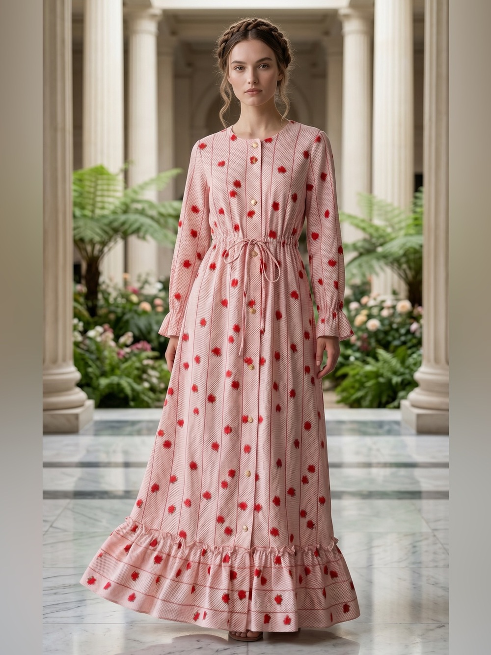 Vintage JR’s by Loung Craft Floral (Rose). Drawstring Waist Maxi Dress